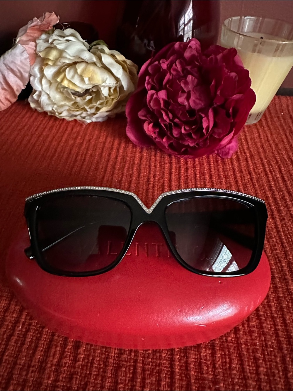 Authentic Valentino Women's Black Sunglasses with Crystal Accent